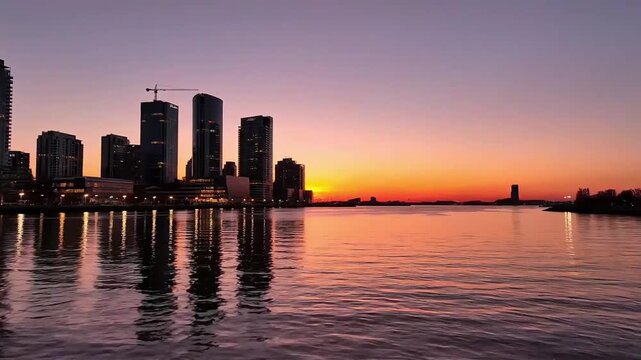 Stunning cityscape skyline reflecting in calm water at dusk showcasing a vibrant sunset and modern architecture with warm orange and purple hues