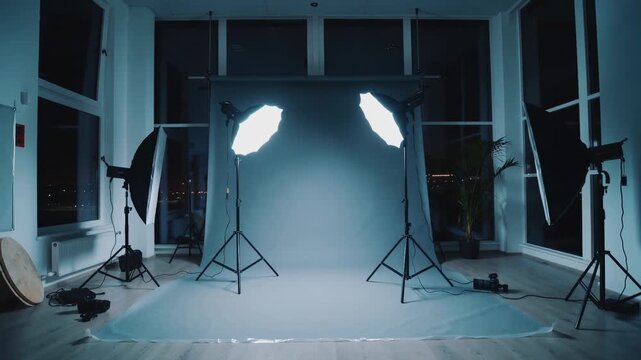 Professional photo studio setup with lighting equipment and grey backdrop. Empty interior for commercial photography. Lockdown shot.