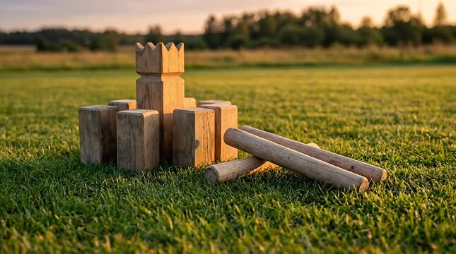 Kubb Game Equipment on Grass, Viking Lawn Game Training Setup, Wooden Kubbs and King Piece with Throwing Batons