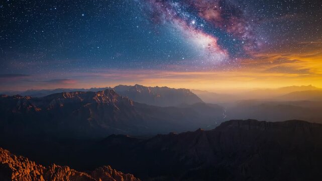Shifting mountain ridges reacting to horizon glow growing at high ridge Milky Way and stars arching