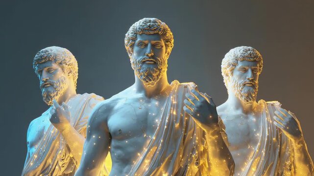 Rising warm rim bathing central marble trio in studio coating togas with gold sparks accenting core