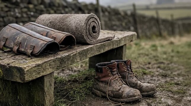Shin Kicking Training Gear on Rustic Wooden Bench, Unbranded Shin Guards and Wool Padding with Muddy Boots