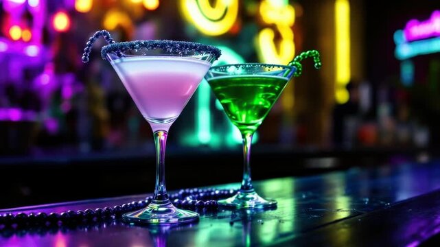 Colorful cocktails on a bar with neon lights in background