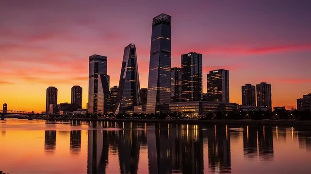 Stunning twilight cityscape of modern skyscrapers reflecting in calm water bathed in warm golden light and a dramatic purple sky perfect for business travel or architectural themes