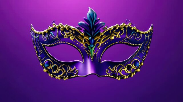 Elegant venetian mask with intricate gold detailing on purple background