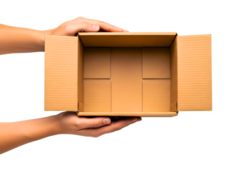 Hands opening empty cardboard box isolated on transparent background
