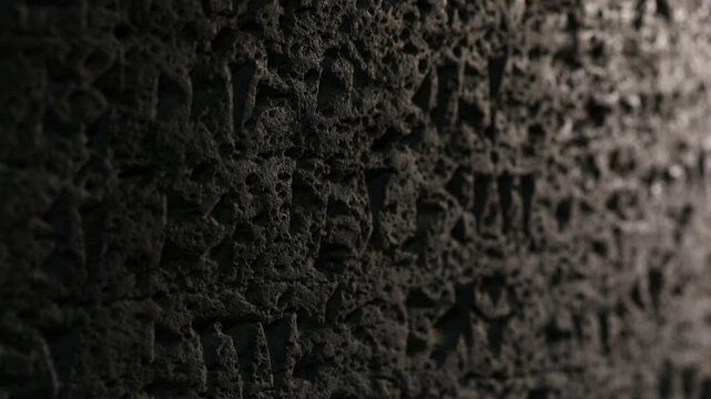 Extreme close-up vertical panning shot of an ancient dark basalt stone surface with carved Hebrew inscriptions, revealing the rough texture and historical detail of this archaeological artifact.


