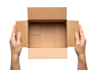Hands opening empty cardboard box isolated on transparent background