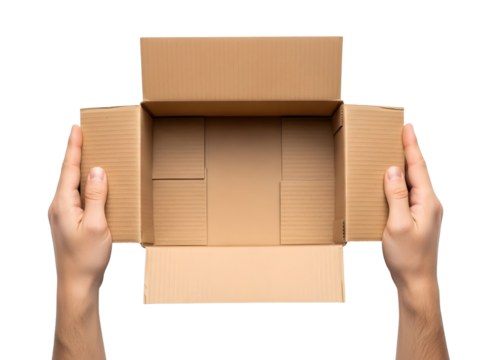 Hands opening empty cardboard box isolated on transparent background - Powered by Adobe