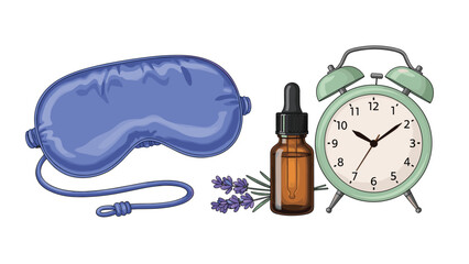 Items for sleep: a sleep mask, lavender oil, and an alarm clock, suggesting relaxation, rest, and a good night's sleep.