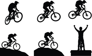 Set, of, six, black, silhouettes, featuring, mountain, bikers, performing, jumps, downhill, riding, and, celebrating, victory, isolated, on, white, background, vector, © Salam Creatives
