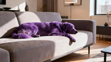 Purple dog resting on the sofa at dawn