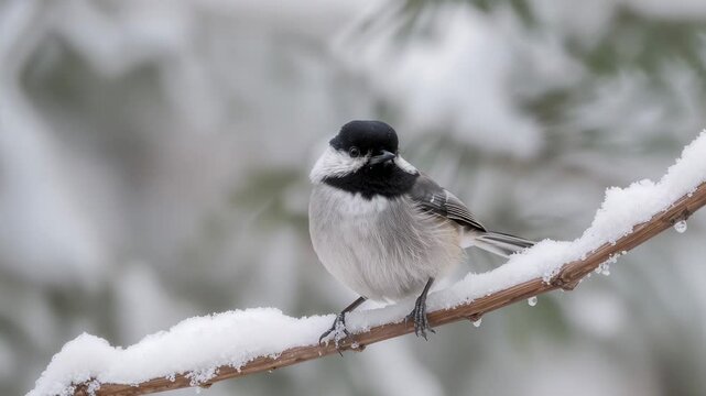 Perching black-capped chickadee puffing, turning head and preening as snow melts on branch