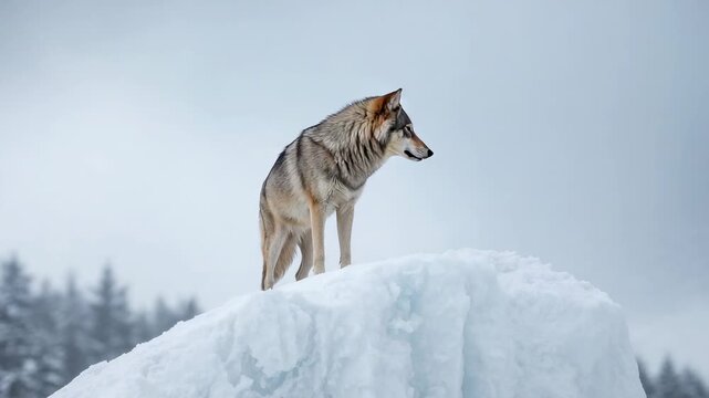Lifting adult gray wolf turning head right, scanning horizon on snow-and-ice mound, conifers left