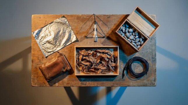 Top Down Foley Artist Table with Silent Sound Props, Metal Sheet Leather Pouch Leaves Pebbles Tray, Microphone Stand, Tungsten and Blue Lighting