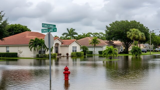 Flooded suburban street with red fire hydrant and street signs at intersection
