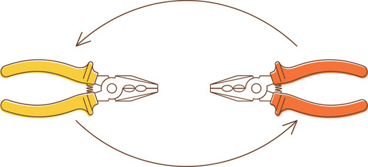 Two industrial pliers with yellow and orange handles and circular arrows minimalist vector illustration for tool recycling and repair services