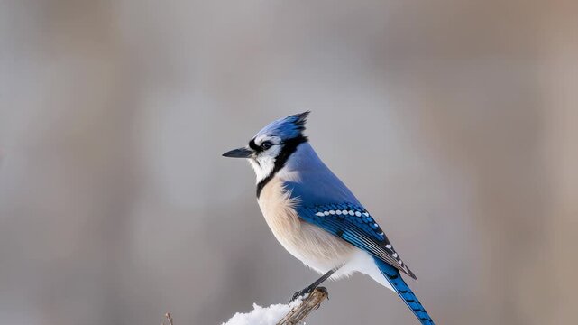 Perching blue jay shifting feet and scanning on snowy twig at woods, melting droplets causing shift