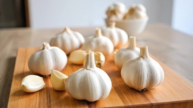 Fresh garlic bulbs and cloves arranged on wooden cutting board