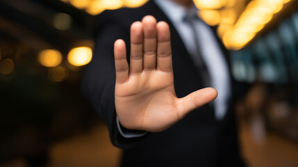 Businessman holding out his hand in a stop gesture, signifying denial, restriction, or establishing a firm boundary, conveying a message of caution or safety