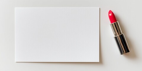 a blank card mockup and a small, clean tube of bright red lipstick placed diagonally across the card. The background is a clean white