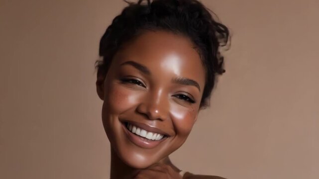 Radiant Black woman with freckles and glowing skin smiling warmly, close-up portrait