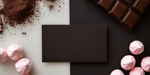 Flat lay of a blank dark chocolate brown postcard mockup next to a few scattering of cocoa powder and tiny pink meringues. The surface is a clean white