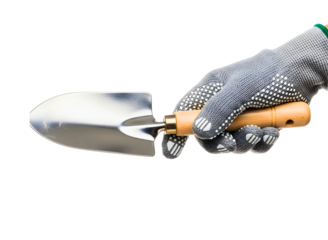 Hand holding a garden trowel isolated on transparent background