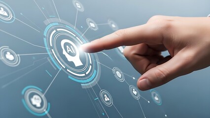 Hand pressing a luminous artificial intelligence button on a modern touchscreen display featuring abstract data communication network lines.