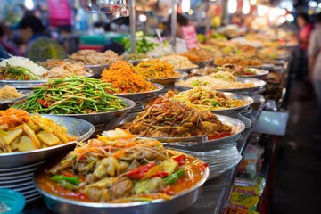 Obraz premium Display of various prepared foods at a market stall