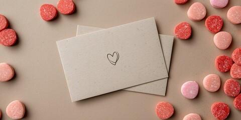 a blank kraft paper postcard mockup with a small, simple hand-drawn heart on a separate white paper. It is surrounded by scattered red and pink candy conversation hearts