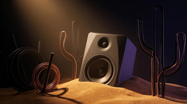 Studio Monitor Speaker Half Buried in Sand, Surreal Desert Garden of Audio Cable Plants, Dust Motes in Spotlight