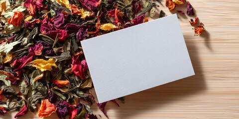 a blank postcard mockup next to a scatter of colorful loose leaf tea. The background is a smooth, light-colored wooden table