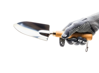 Hand holding a garden trowel isolated on transparent background