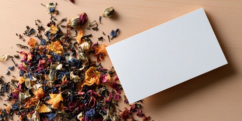 a blank postcard mockup next to a scatter of colorful loose leaf tea. The background is a smooth, light-colored wooden table