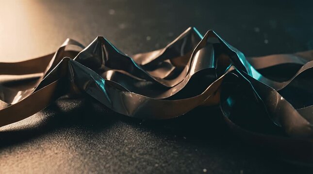 Cassette Tape Ribbon Macro Landscape Topography, Audio Wave Reshaping Ridges and Valleys