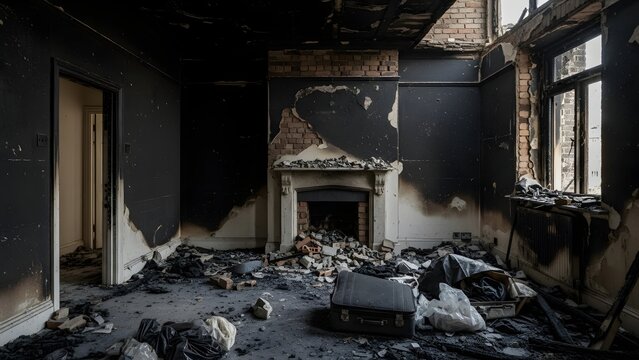 Interior of a fire damaged room with charred walls collapsed bricks and debris on floor blackened bricks