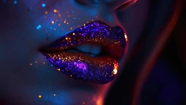 Vibrant glittering lips in neon light with colorful sparkles and glamorous makeup