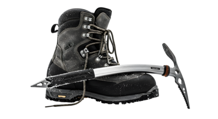 Hiking boot and ice axe isolated on transparent background for mountain climbing