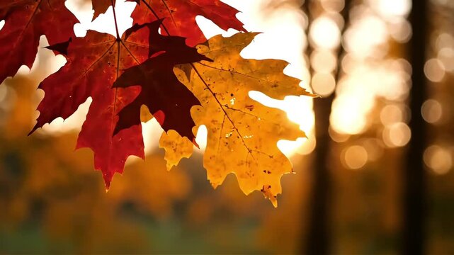 Vibrant autumn maple leaves in warm golden light showcasing the beauty of fall foliage and seasonal change with a bokeh background