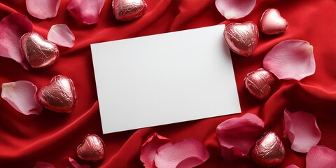a blank matte white postcard mockup resting on a rich red velvet fabric. It is surrounded by scattered deep pink rose petals and foil-wrapped chocolate hearts