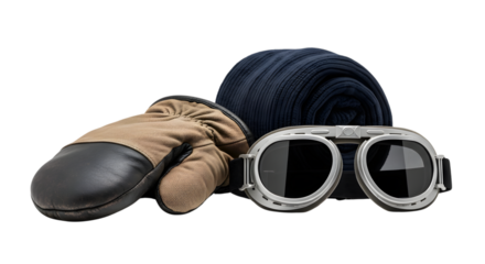 Vintage aviator goggle, glove and scarf isolated on transparent background for winter