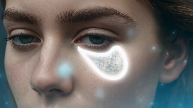 Activating woman's right under-eye patch in studio, rim glowing while blue particles drifting