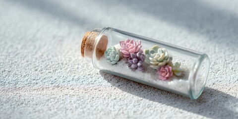 cylindrical glass jar terrarium containing only three different types of tiny, pastel-colored succulents on clean white sand