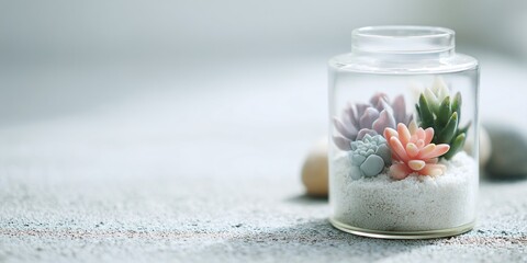 cylindrical glass jar terrarium containing only three different types of tiny, pastel-colored succulents on clean white sand