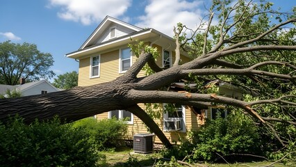 Large fallen tree branch resting on beige two story house after storm