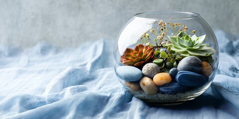 a small, simple glass fishbowl terrarium filled with layers of multi-colored river stones and water-loving plants. Set on a smooth blue fabric