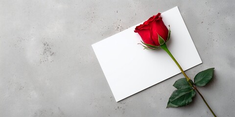 a blank postcard mockup for valentine with a single, perfect crimson rosebud resting on top. The background is a smooth, uniform pale grey