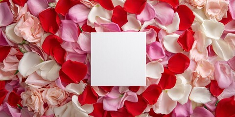 a blank square postcard mockup placed in the center of a large, heart-shaped arrangement of rose petals (pink, red, and white)