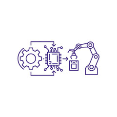 Obraz premium A robotic arm picks up a microchip next to a gear and circuit board.
